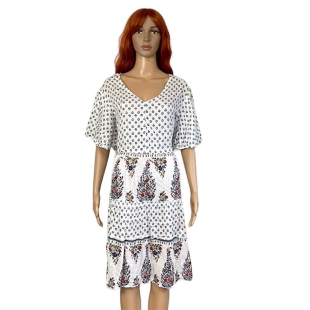 Cassee's White Paisley Floral Button-Up Half Sleeve A-Line Tiered Dress Plus 3X